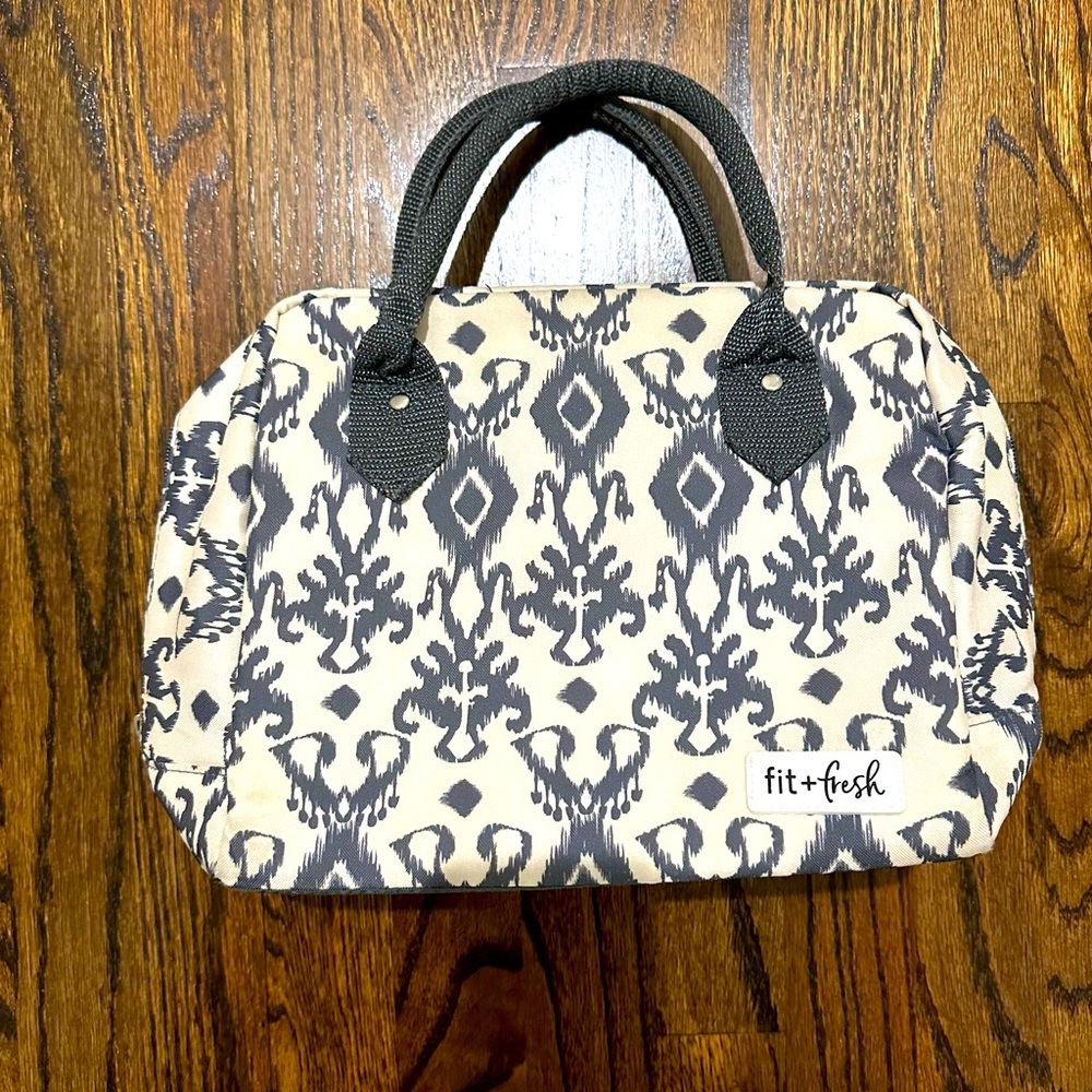 Fit & Fresh Bloomington Lunch Bag Double Handle Zip Ikat Charcoal Gray Cream OS